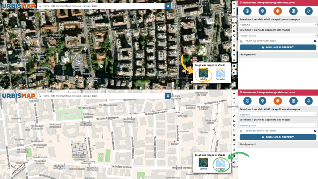 nuova funzione cambio mappa di sfondo su urbismap.com, da satellitare a street view (disponibile per gli utenti premium)