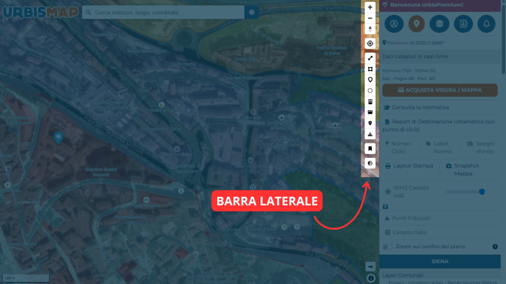misurazione dei terreni su urbismap: barra laterale geoportale