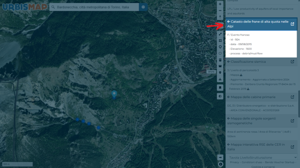 catasto delle frane di alta quota nelle alpi italiane su UrbisMap: evento franoso di Bardonecchia