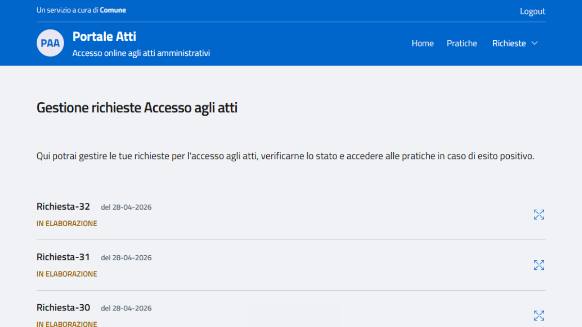 portale accesso agli atti: esperienza cittadino per invio e monitoraggio richiesta di accesso agli atti