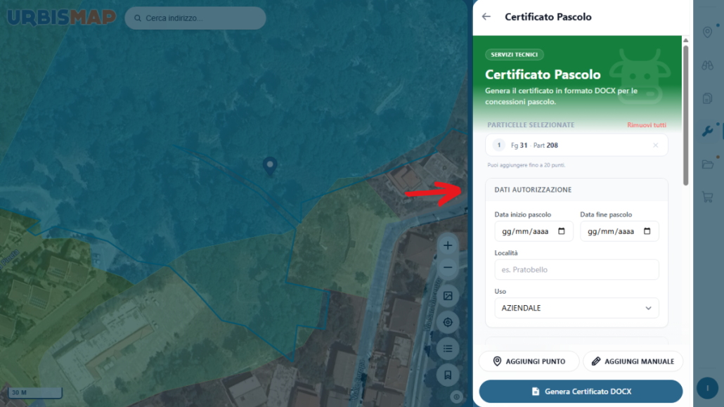 Processo di generazione digitale del certificato di pascolo su UrbisMap_PA