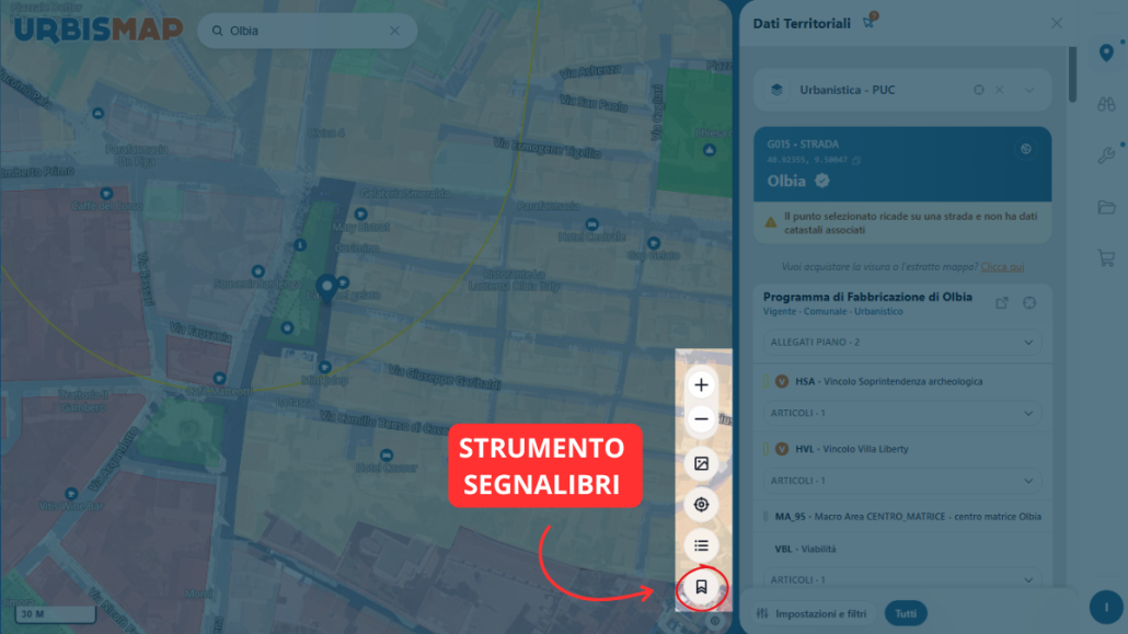 —Schermata iniziale di Urbismap: ricerca della particella e apertura del pannello Dati Territoriali con evidenziazione dell'icona "segnalibri"
