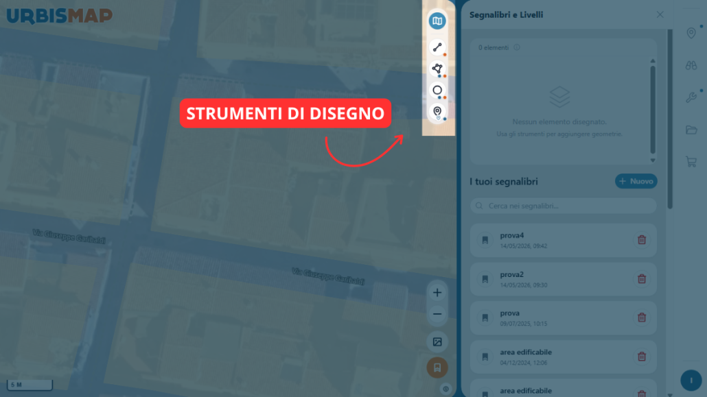 Barra laterale con strumenti di disegno su mappa
