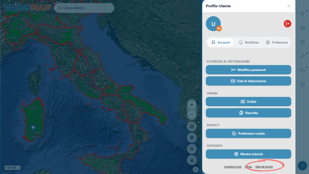 Selezionare la voce "Stato del servizio" per accedere alla pagina di monitoraggio
