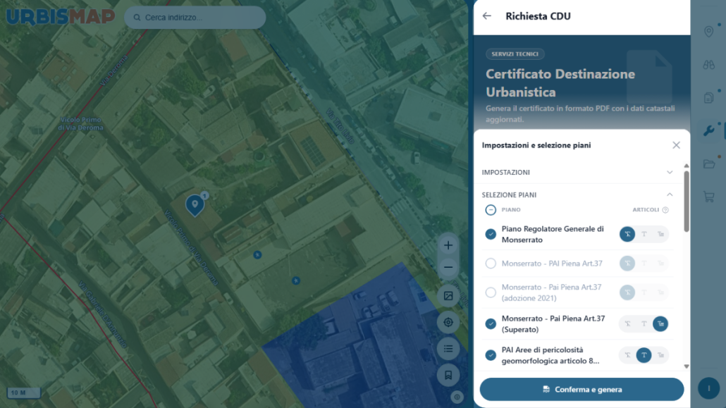 Pannello Impostazioni e selezione piani con i piani attivabili tramite checkbox.