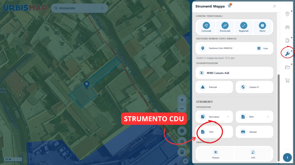 Pannello Strumenti Mappa: il pulsante CDU avvia la modalità di selezione punti.