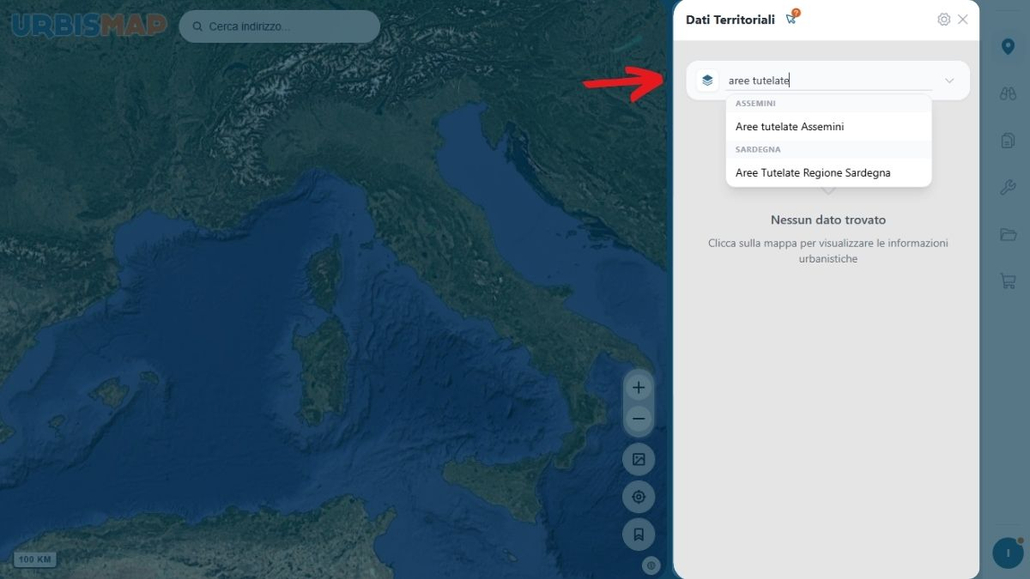 ricerca della mappa delle aree tutelate della Regione Sardegna sul Geoportale UrbisMap