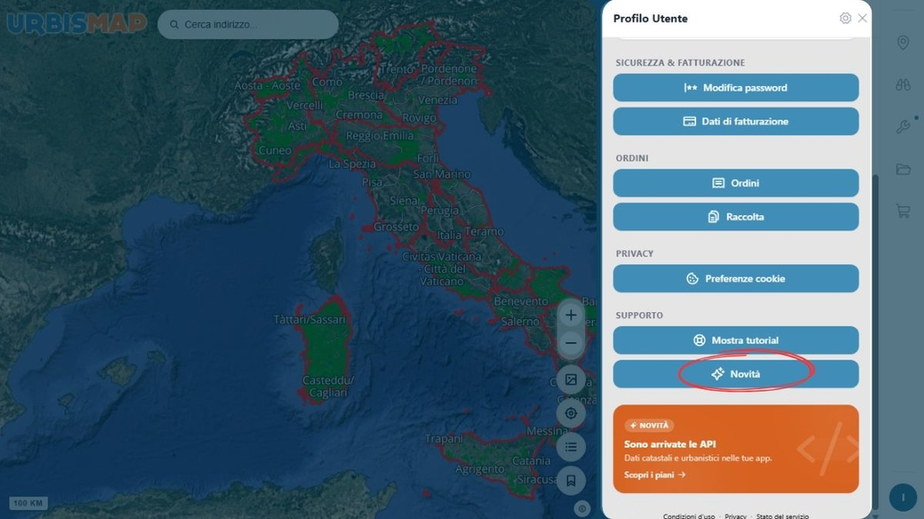 Nuova versione Geoportale UrbisMap_ V4.4.3
Bottone per la sezione novità