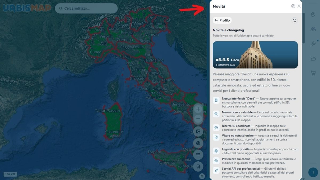 Nuova versione Geoportale UrbisMap_ V4.4.3
Interfaccia sezione novità con tutti gli aggiornamenti del geoportale