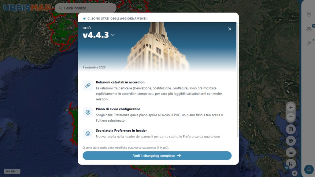 Nuova versione Geoportale UrbisMap_ V4.4.3
Pop-up di avviso per nuove versioni e novità del geoportale