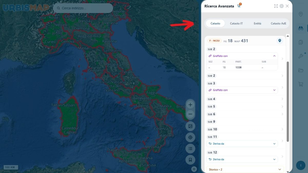 Nuova versione Geoportale UrbisMap_ V4.4.3
Nell'immagine: relazioni catastali in accordion