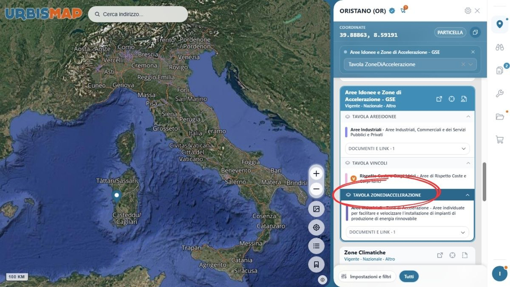 Geoportale UrbisMap: selezione della tavola delle zone di accelerazione 