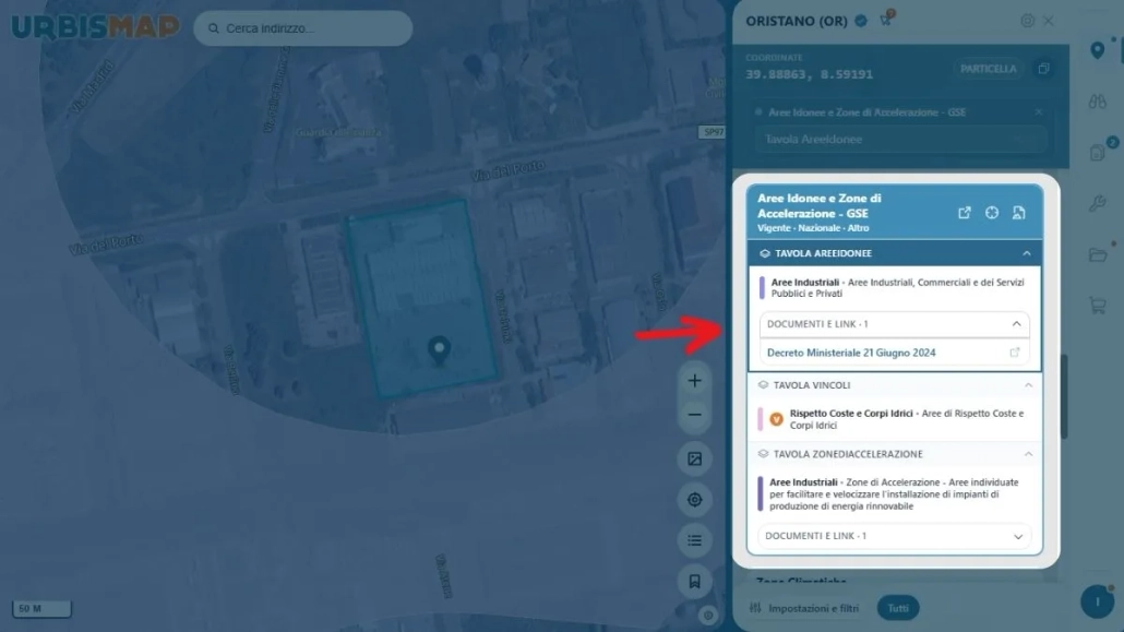 Geoportale UrbisMap: sezione per scaricare e consultare i documenti associati ai dati territoriali del punto consultato
