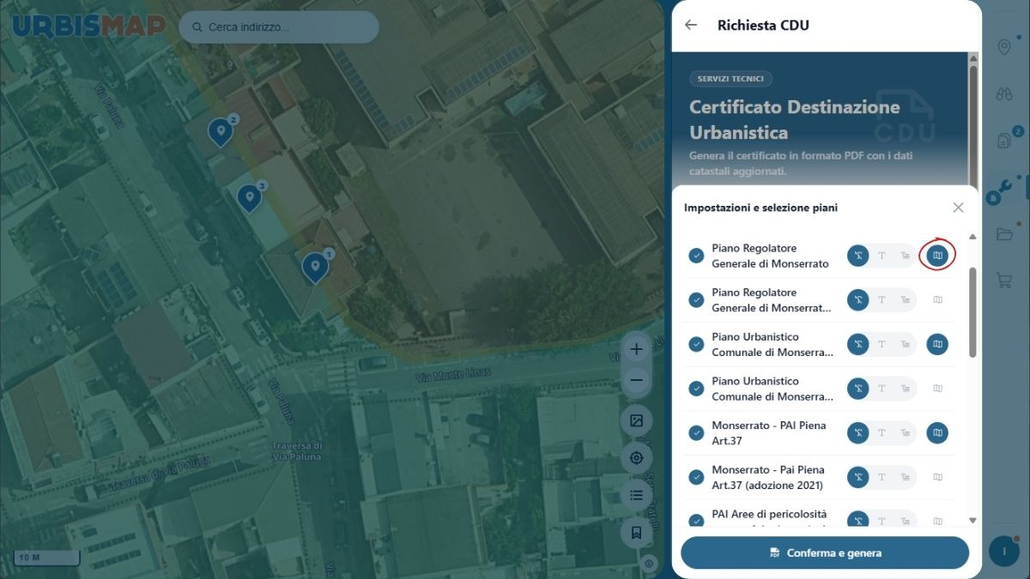 Pulsante per Includere la Mappa dei piano centrata su ogni particella nel CDU generato tramite il Geoportale UrbisMap