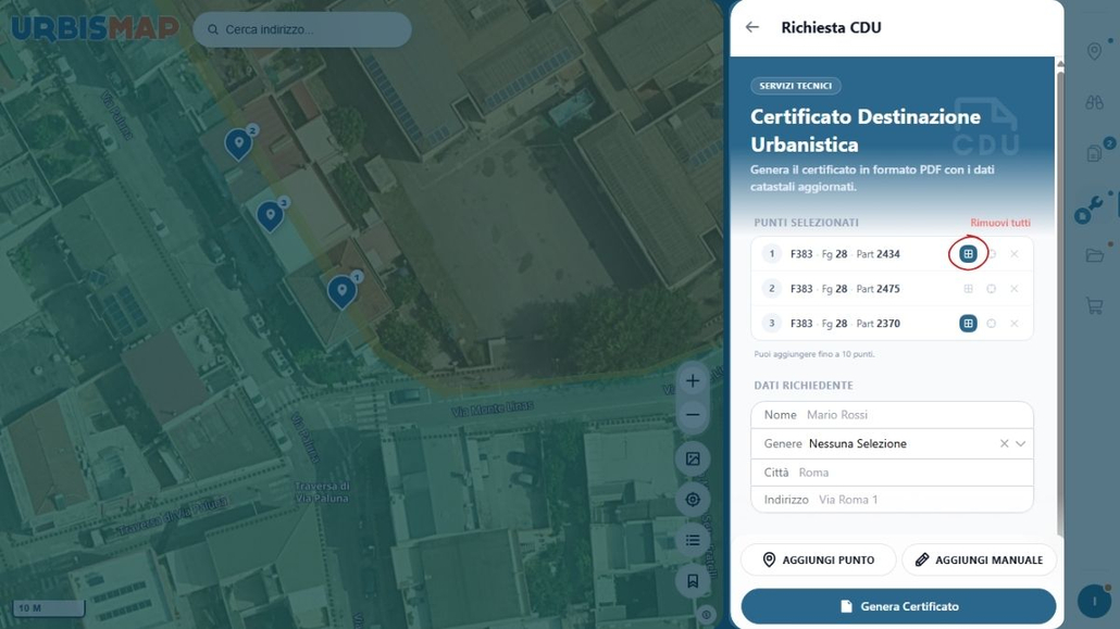 Pulsante per Includere lo snapshot AdE nel CDU generato tramite il Geoportale UrbisMap